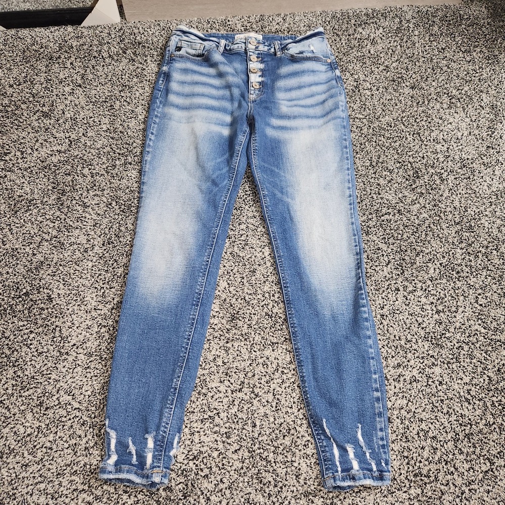 Kancan Skinny Button Fly Hi Rise Jeans Faded Front Destressed Womens Size 29
